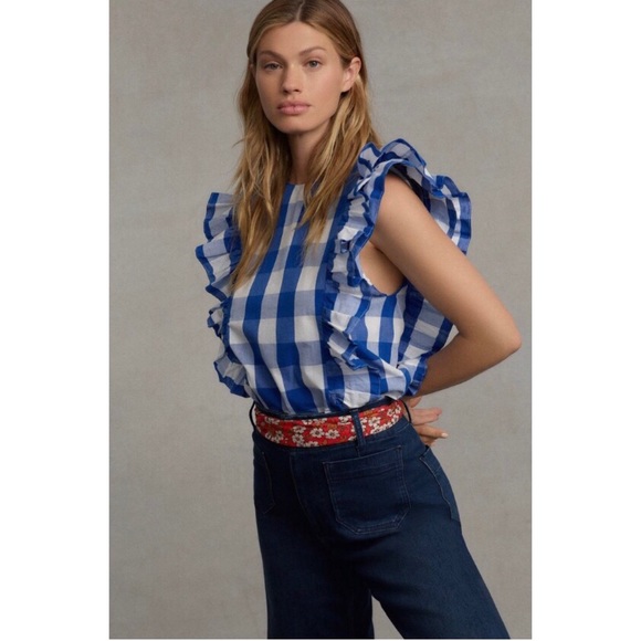 NWT ANTHROPOLOGIE WHIT TWO CASCADE RUFFLED BLOUSE IN BLUE - Picture 7 of 9